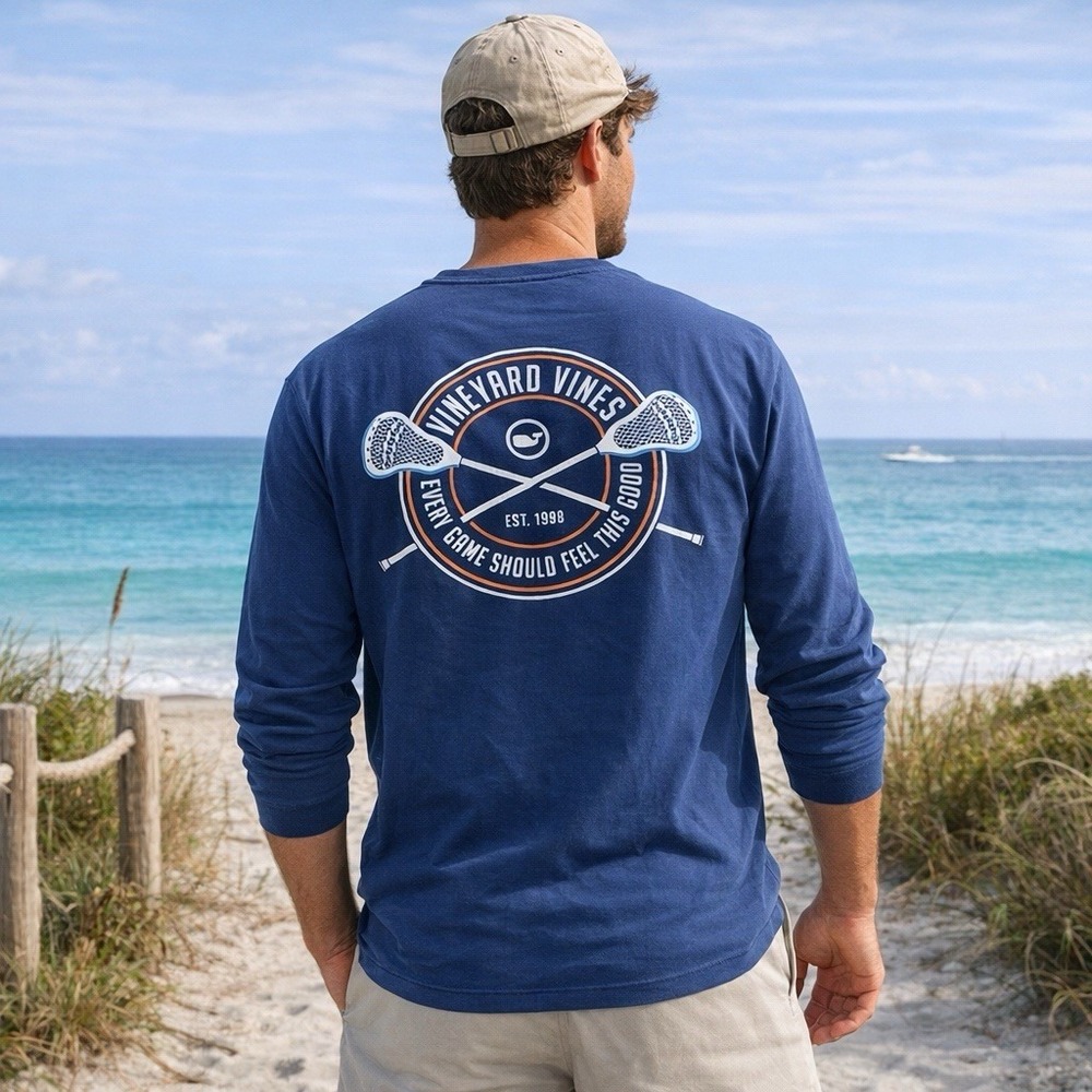 Vineyard Vines Mens XL Blue Lacrosse Graphic Long Sleeve Pocket T-Shirt